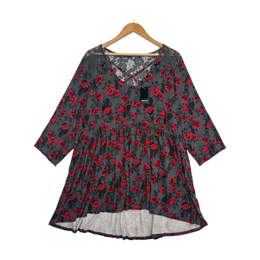 Torrid Top Womens 3X Gray Disney Princess Rose Floral Lace Babydoll Beauty Beast